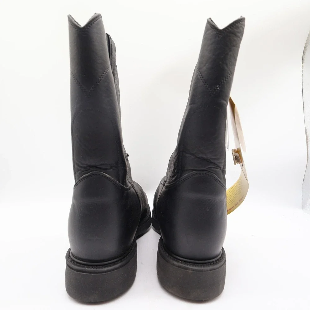 Justin Boots Mens 12 EE Black Leather Work Boots Pull On Roper 4763 NIB